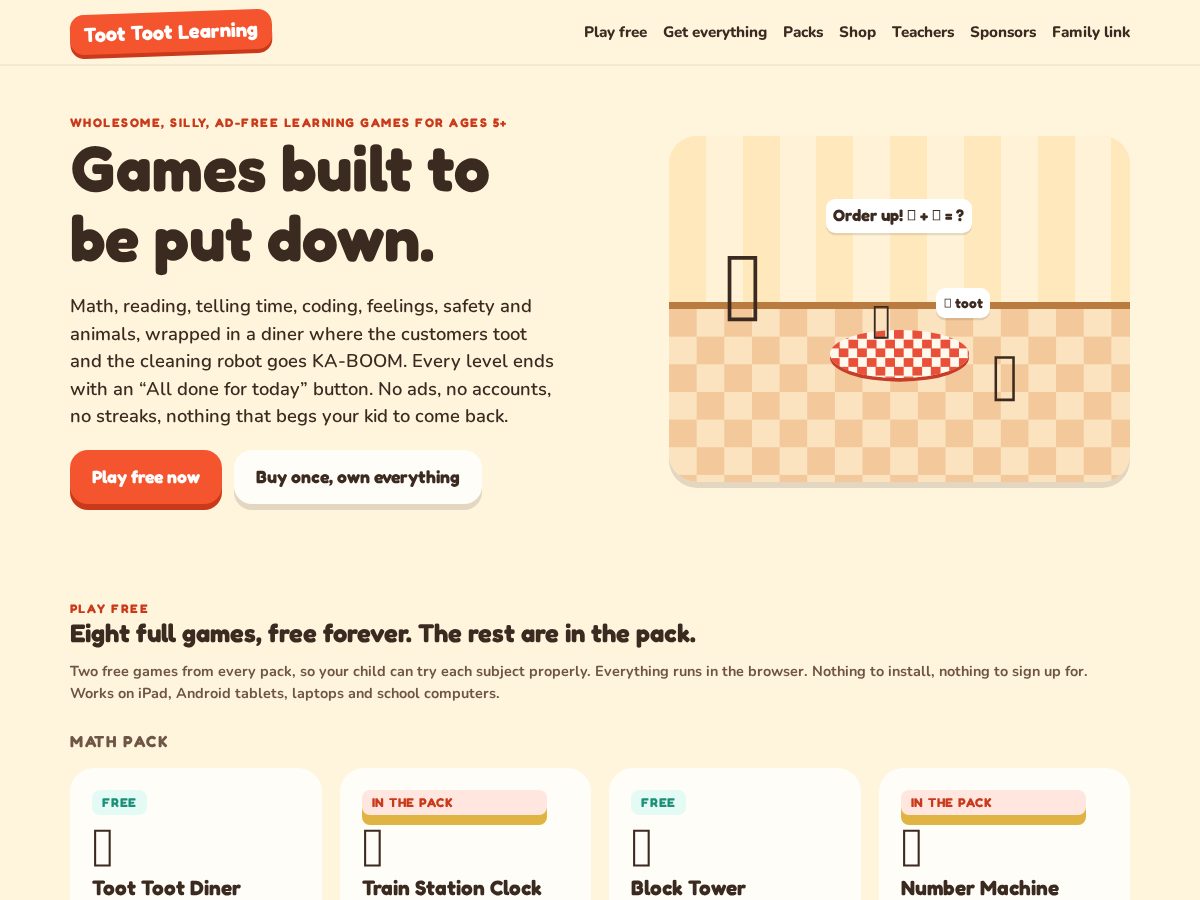 Landing-page snapshot of toottootlearning.com