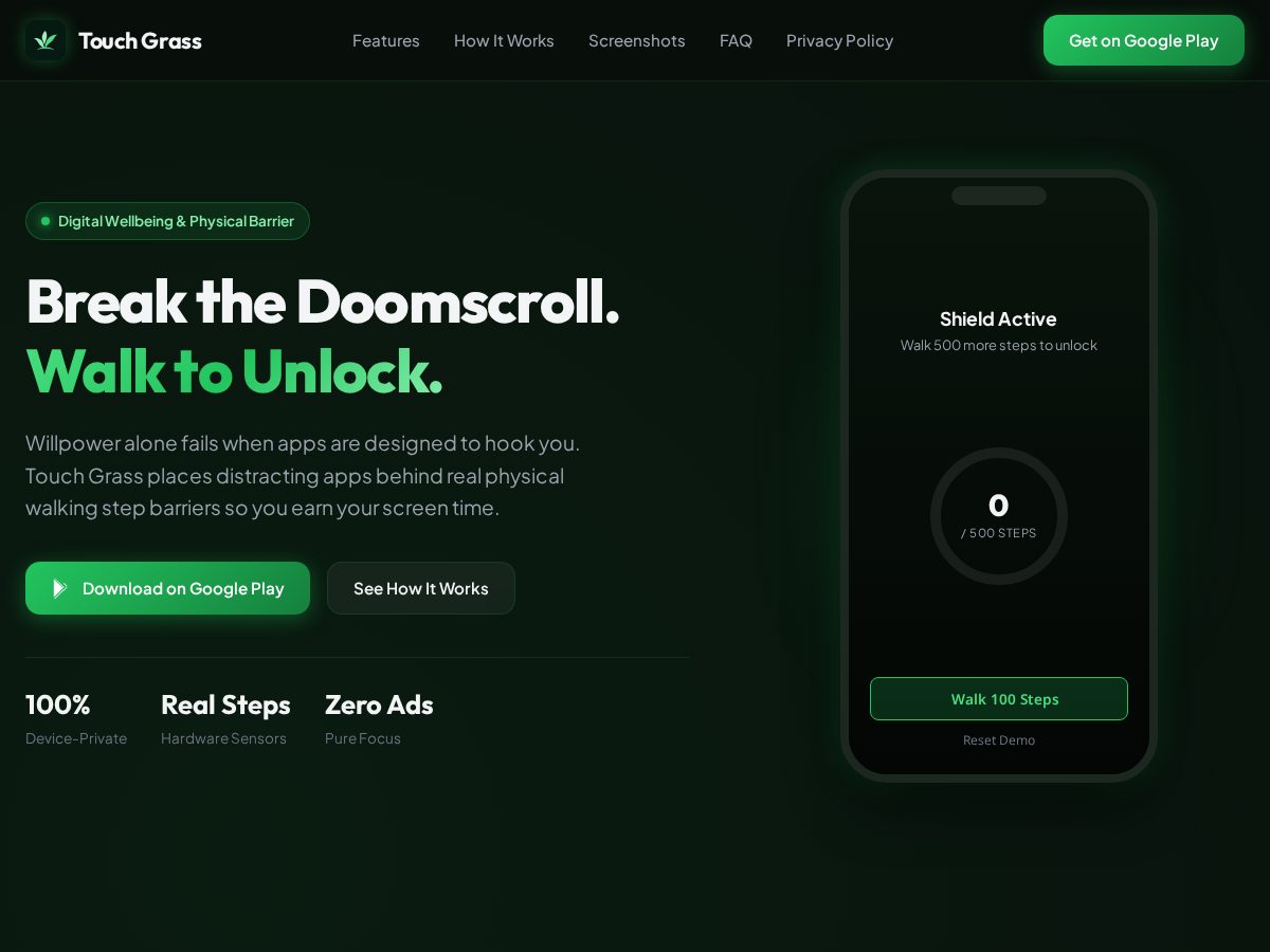 Landing-page snapshot of touchgrassapp.website