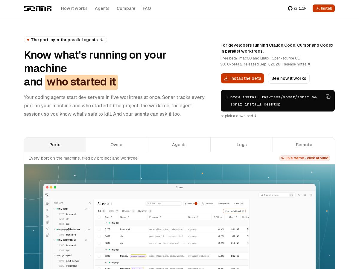 Landing-page snapshot of trysonar.dev