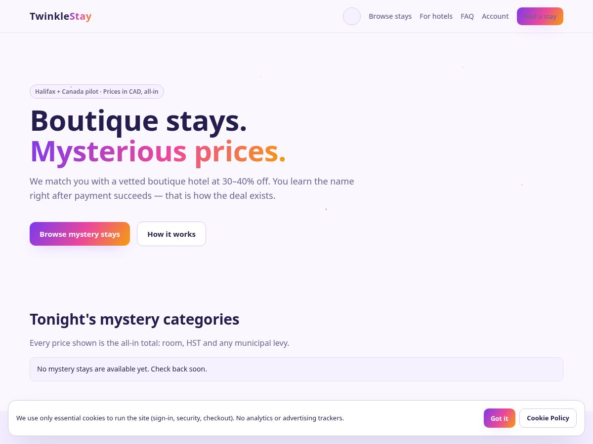 Landing-page snapshot of twinkelstay.com