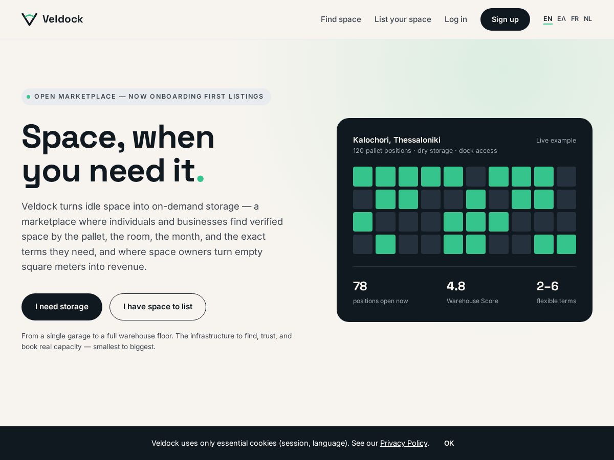 Landing-page snapshot of veldock.com