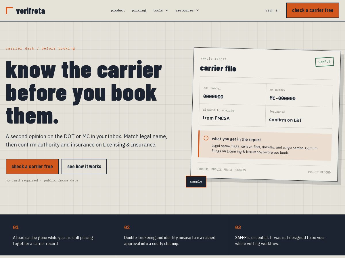Landing-page snapshot of verifreta.com