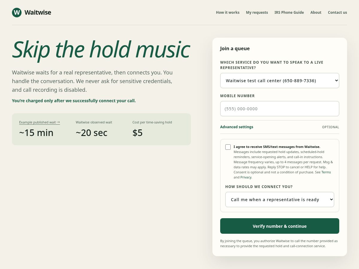 Landing-page snapshot of waitwise.vip