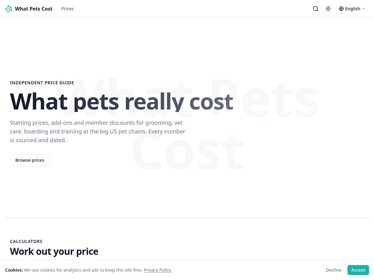 Landing-page snapshot of whatpetscost.com