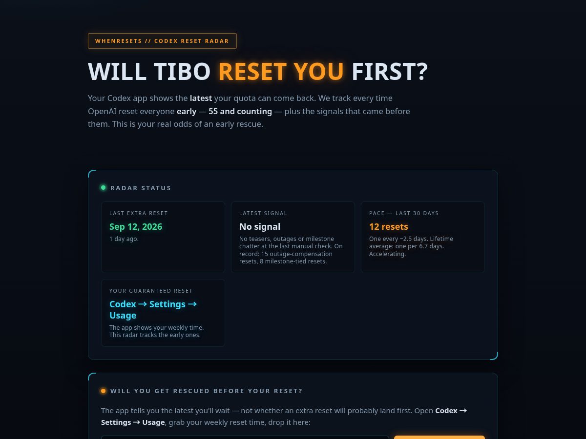 Landing-page snapshot of whenresets.net