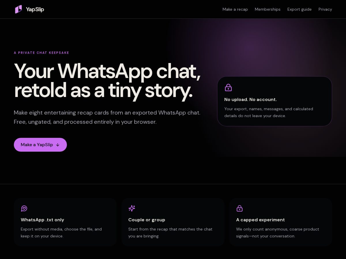 Landing-page snapshot of yapslip.com