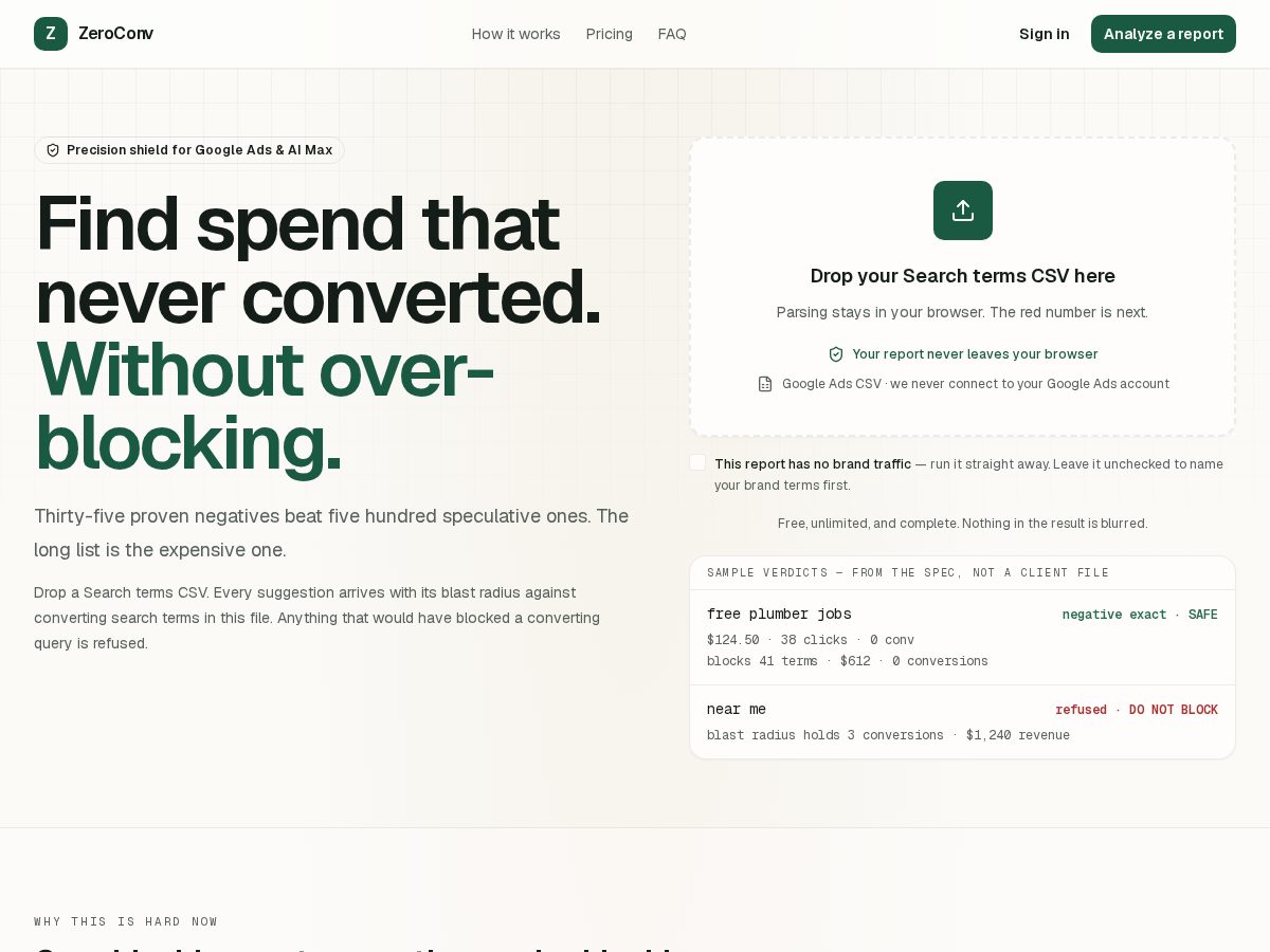Landing-page snapshot of zeroconv.com