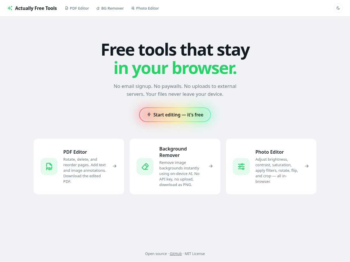 Landing-page snapshot of actuallyfreetools.dev