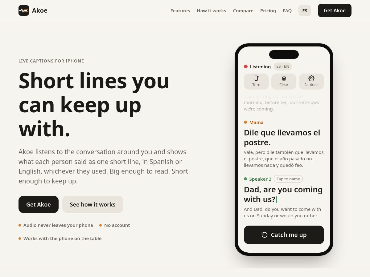 Landing-page snapshot of akoe.app