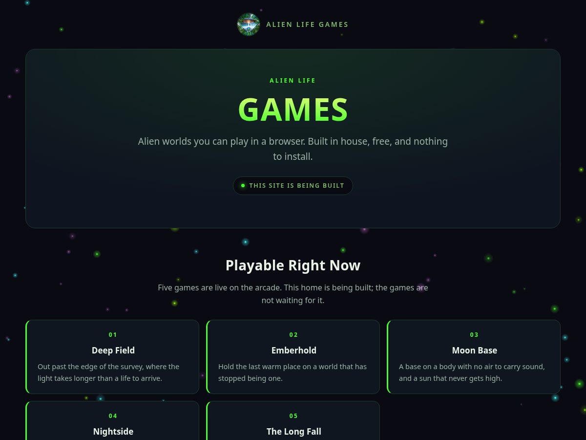 Landing-page snapshot of alienlifegames.com