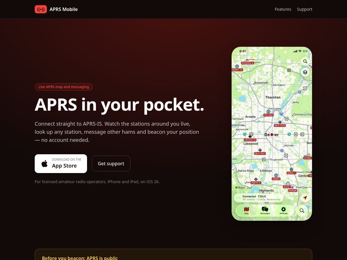 Landing-page snapshot of aprsmobile.app
