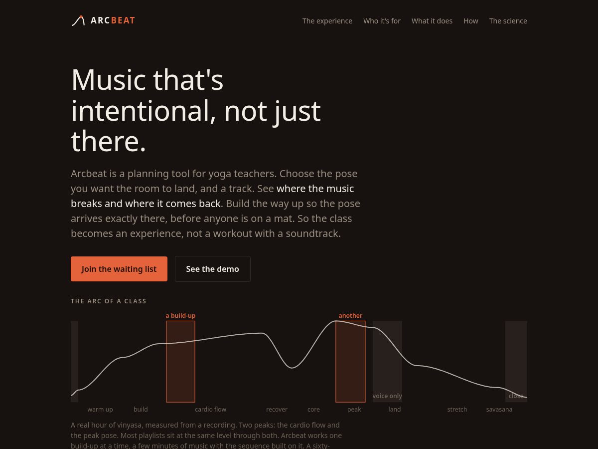 Landing-page snapshot of arcbeat.yoga