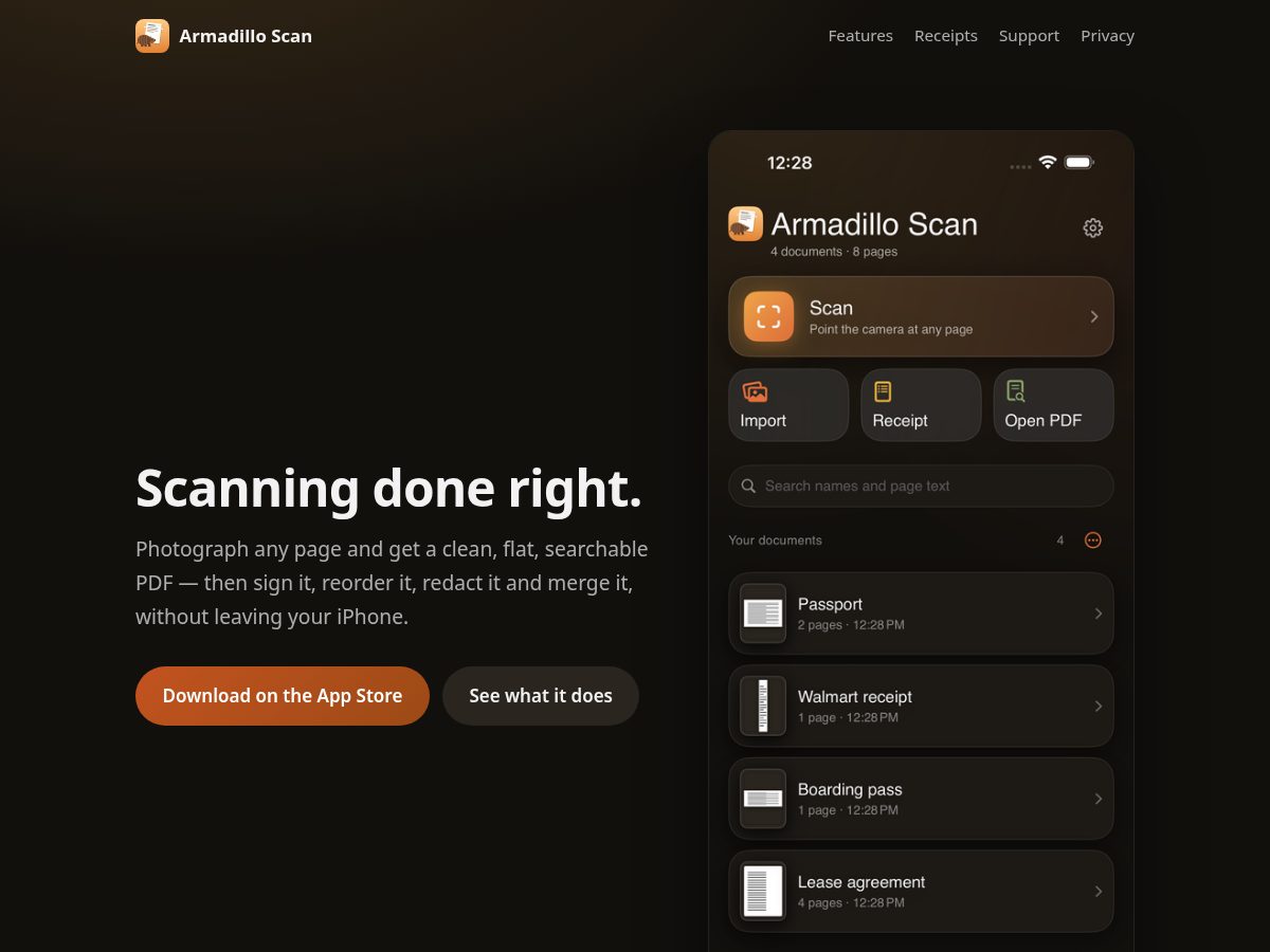 Landing-page snapshot of armadilloscan.com