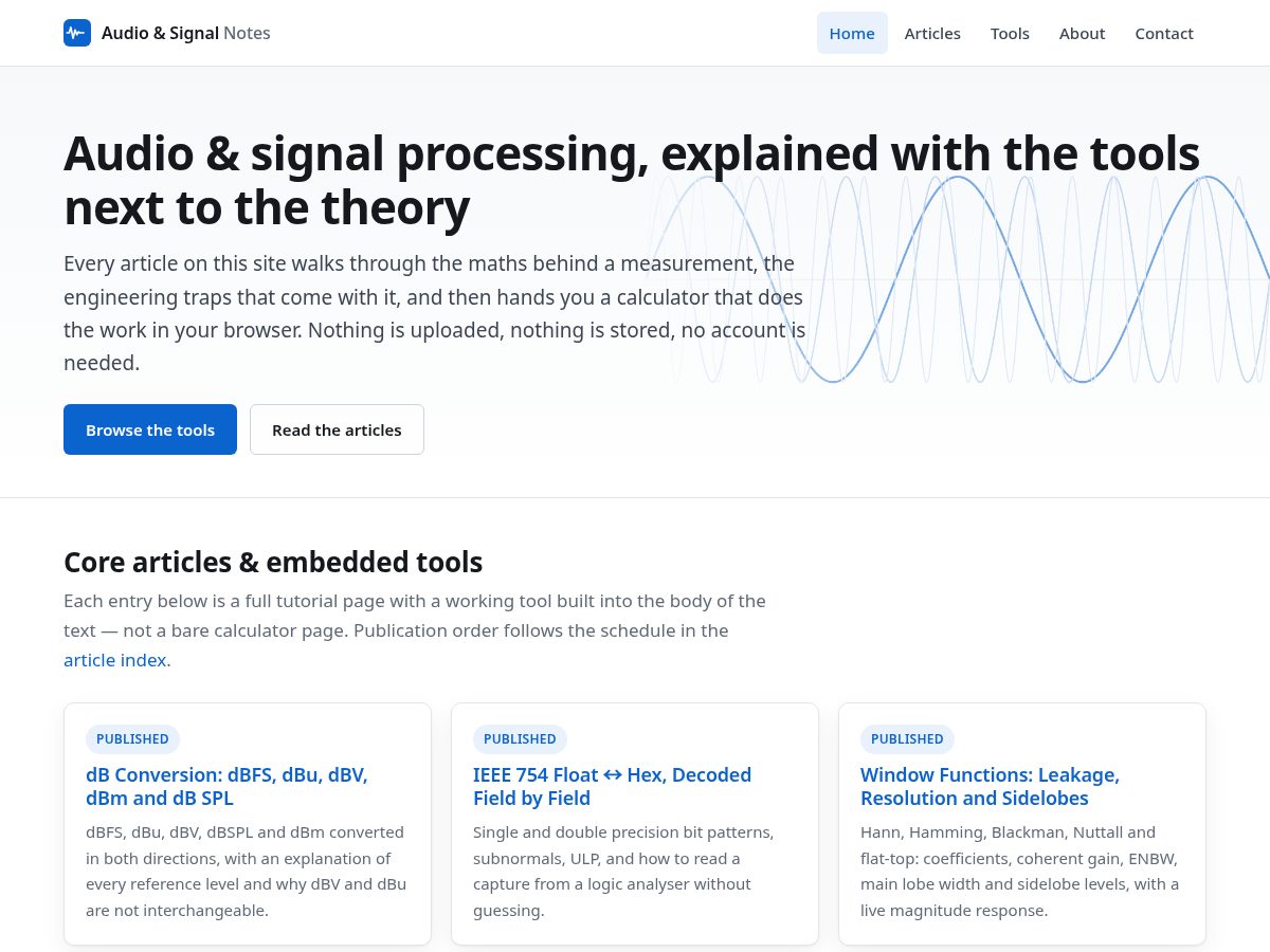 Landing-page snapshot of audiosignalnotes.com