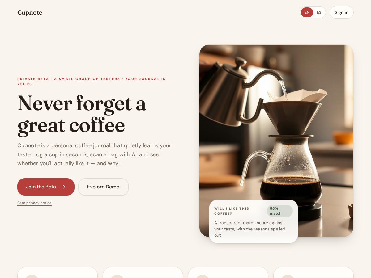 Landing-page snapshot of beanmemoir.com