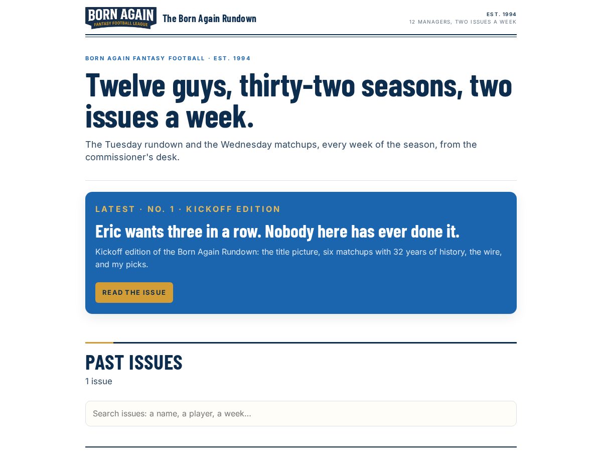 Landing-page snapshot of bornagain.football