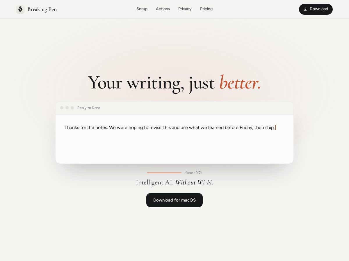 Landing-page snapshot of breakingpen.com