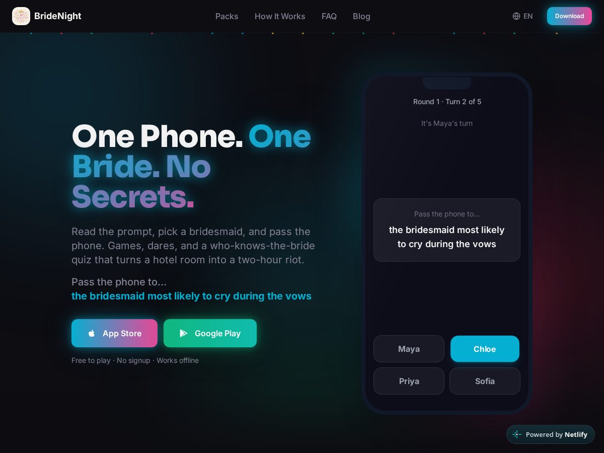Landing-page snapshot of bridenight.app