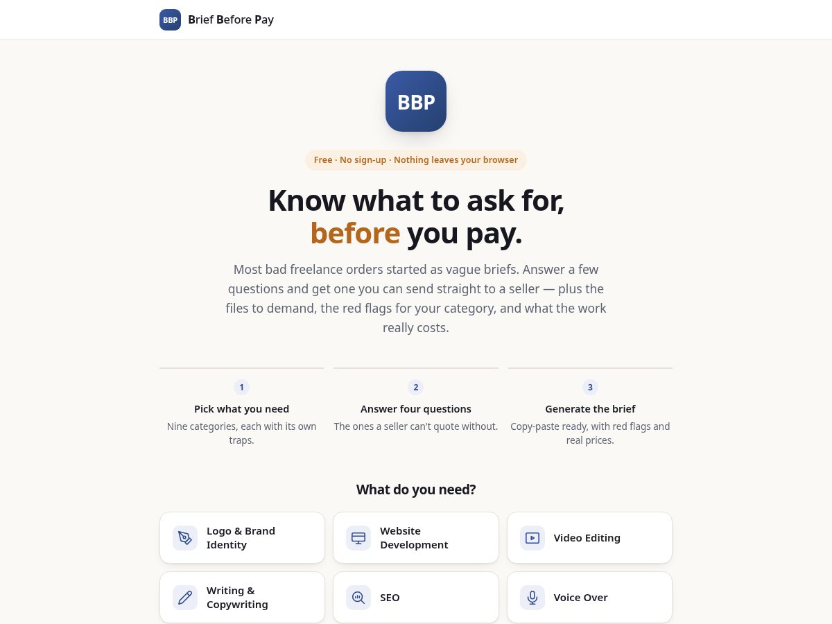 Landing-page snapshot of briefbeforepay.com
