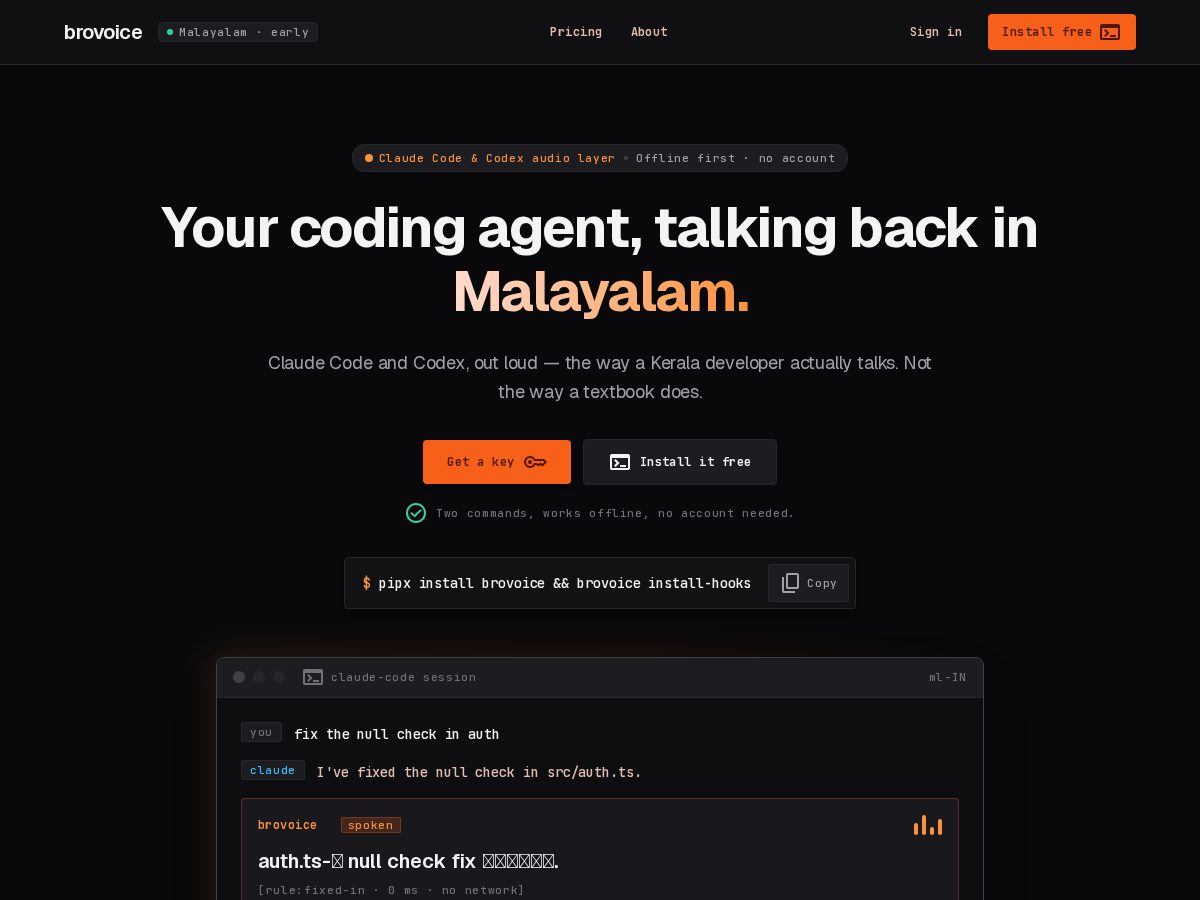 Landing-page snapshot of brovoice.dev