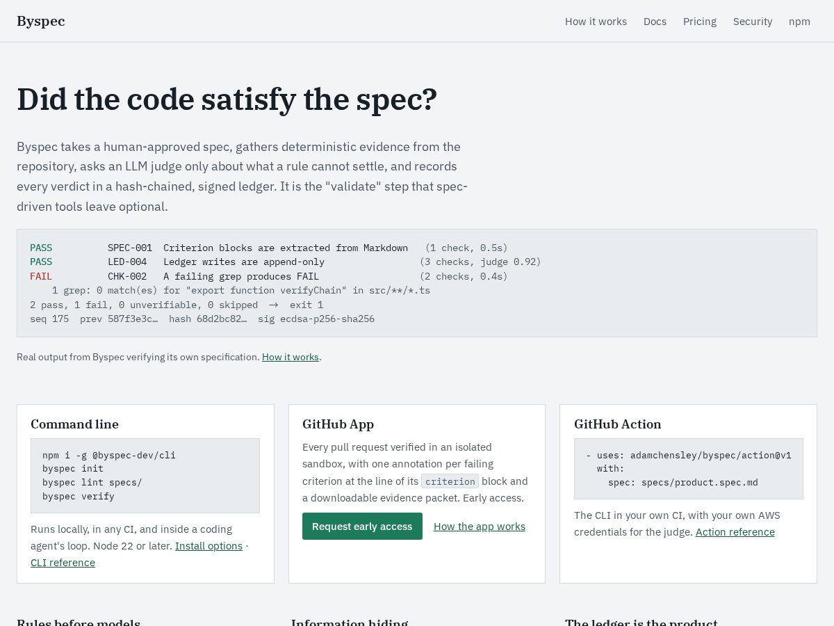 Landing-page snapshot of byspec.dev