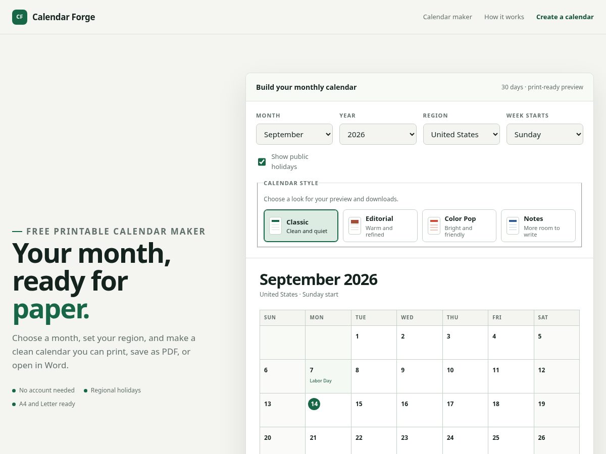 Landing-page snapshot of calendarforge.stream