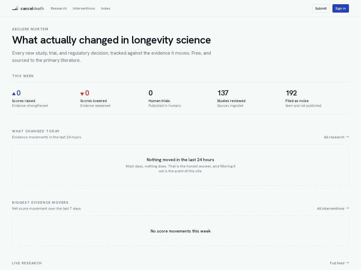 Landing-page snapshot of canceldeath.com
