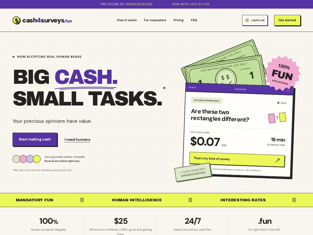 Landing-page snapshot of cash4surveys.fun