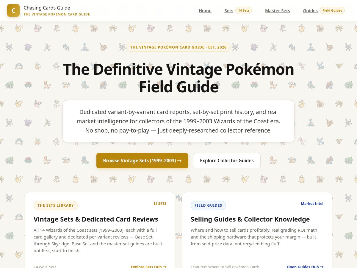 Landing-page snapshot of chasingcardsguide.com