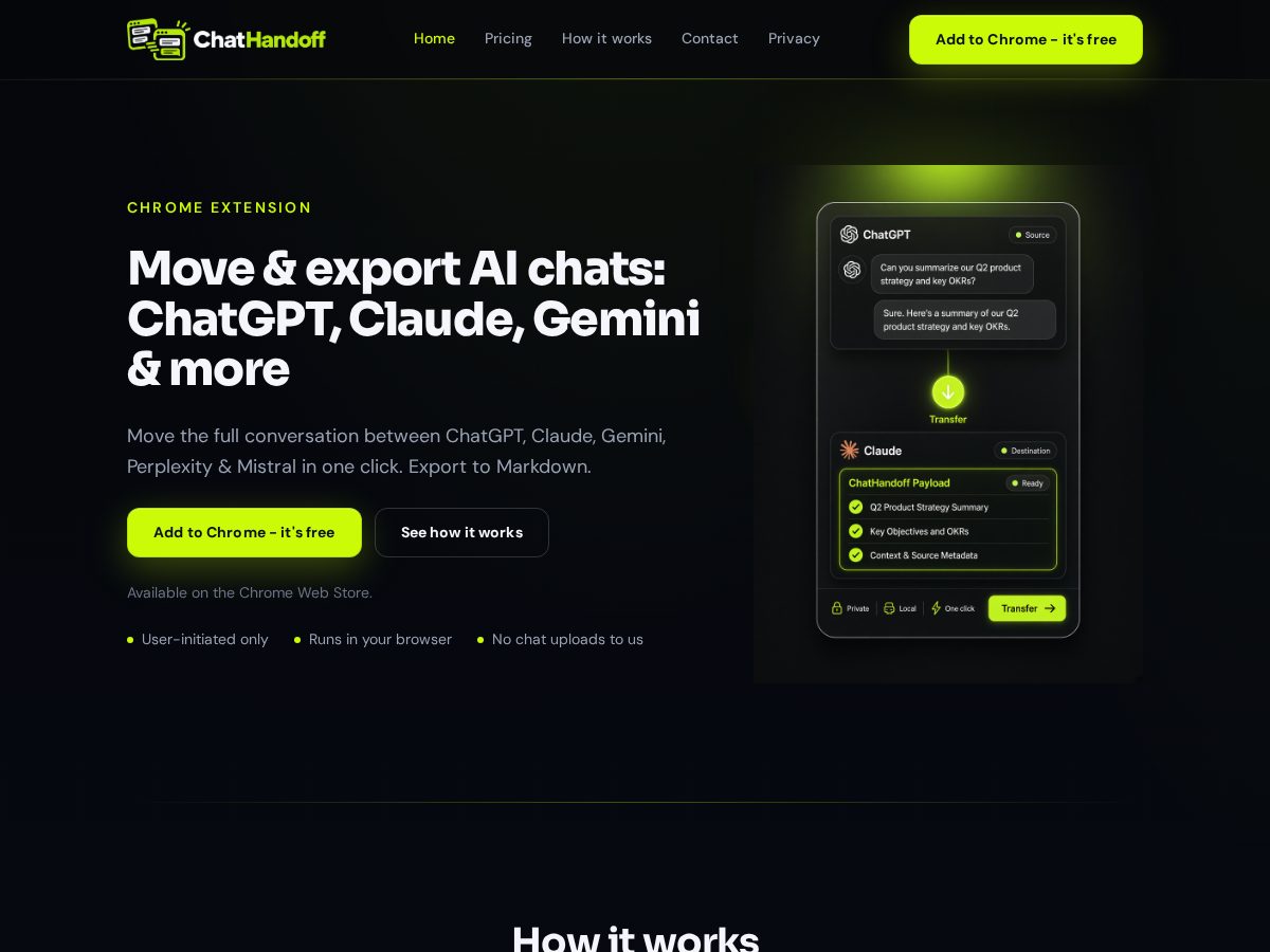 Landing-page snapshot of chathandoff.app