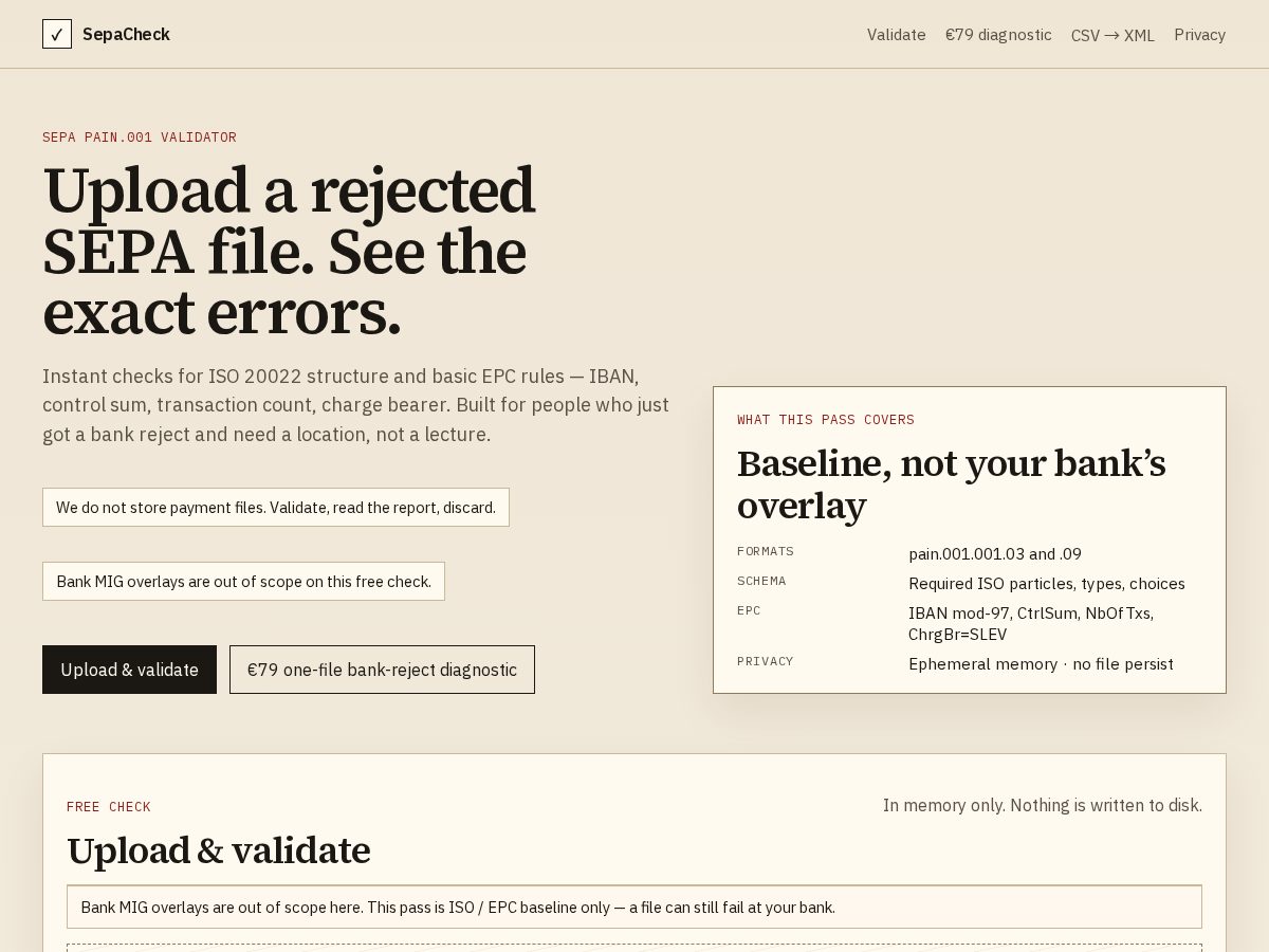 Landing-page snapshot of checksepa.com