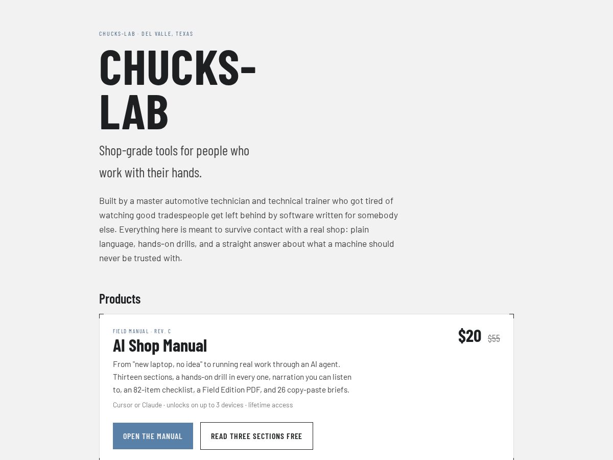 Landing-page snapshot of chucks-lab.com