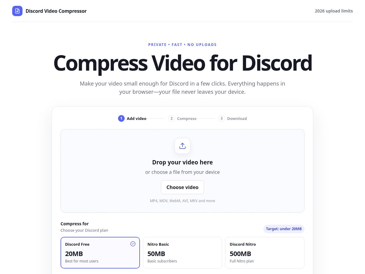 Landing-page snapshot of compressfordiscord.com