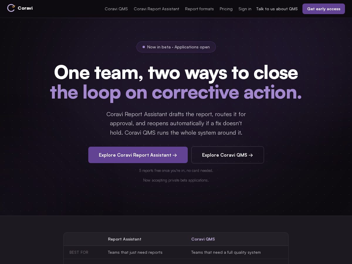 Landing-page snapshot of coravi.app