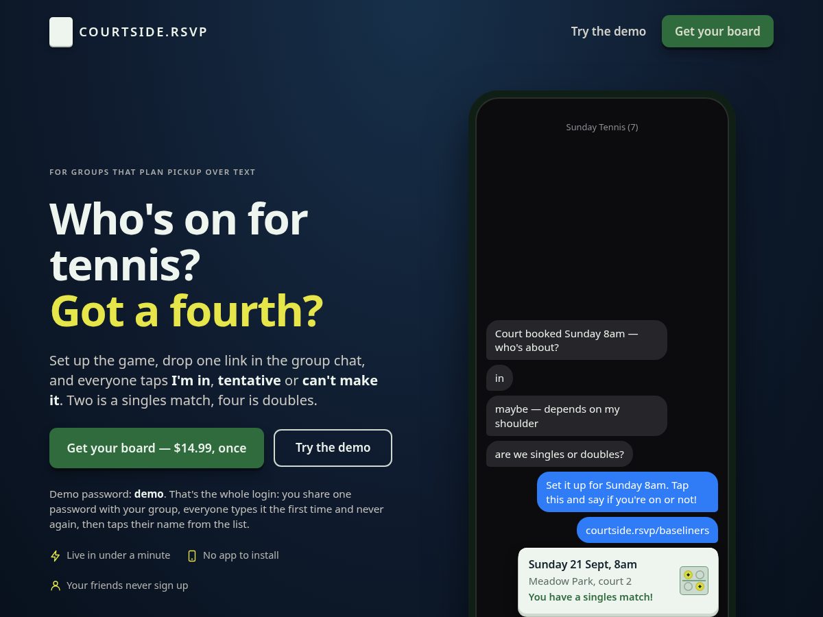 Landing-page snapshot of courtside.rsvp