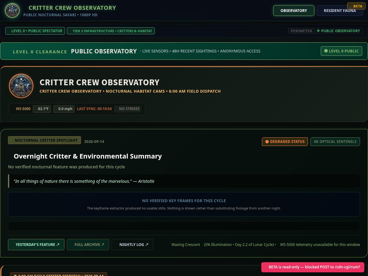 Landing-page snapshot of crittercrewobservatory.com