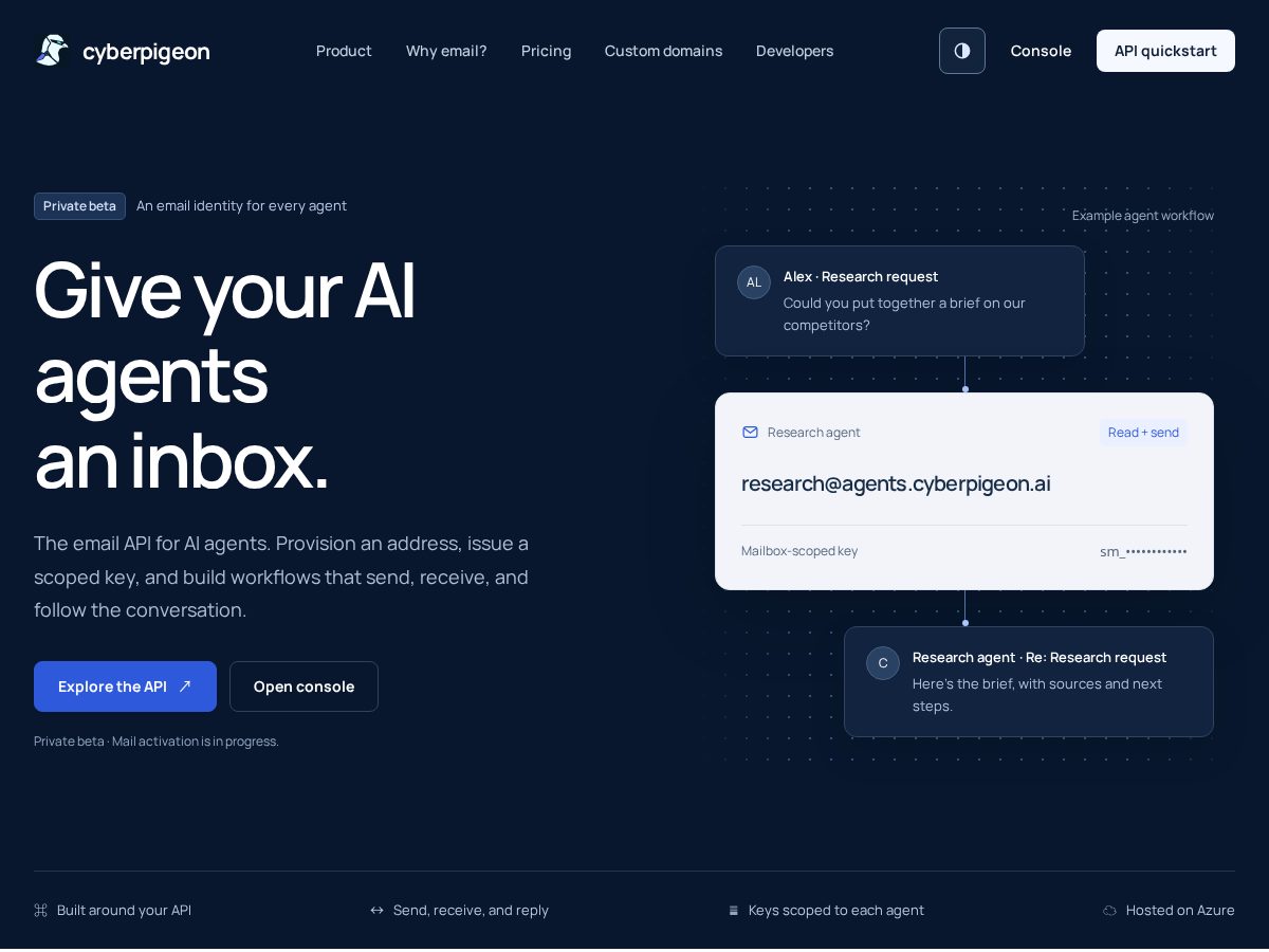 Landing-page snapshot of cyberpidgeon.com