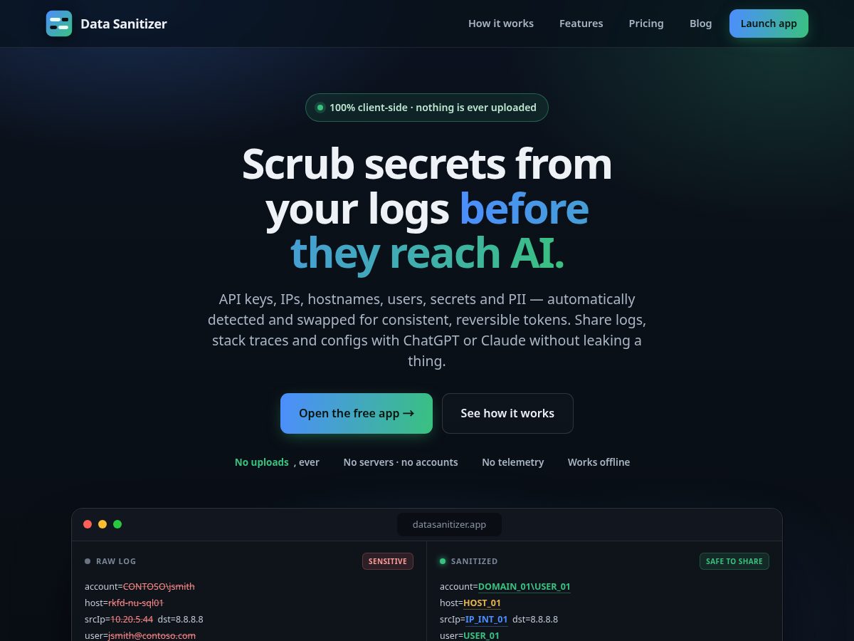 Landing-page snapshot of datasanitizer.app