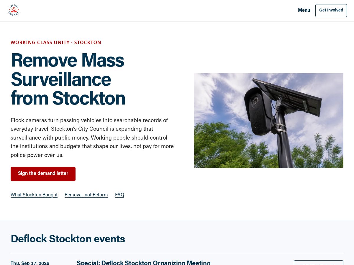 Landing-page snapshot of deflockstockton.com