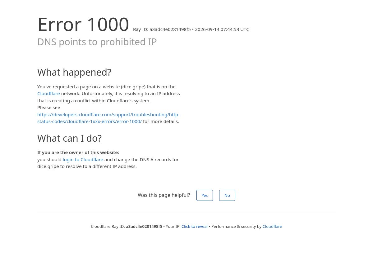 Landing-page snapshot of dice.gripe