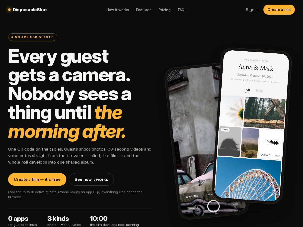 Landing-page snapshot of disposableshot.camera