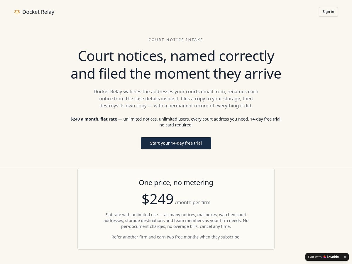 Landing-page snapshot of docketrelay.app
