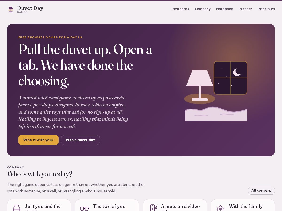 Landing-page snapshot of duvetdaygames.com