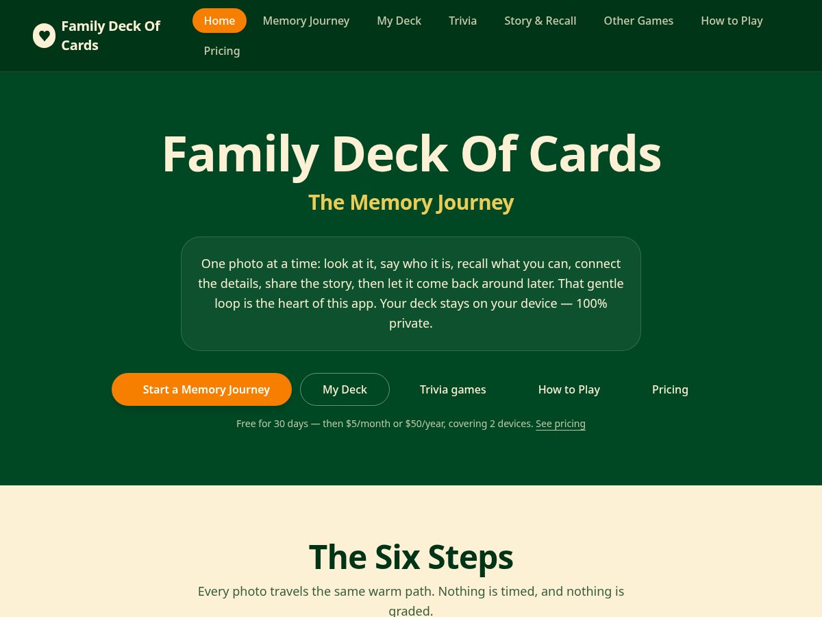 Landing-page snapshot of familydeckofcards.app