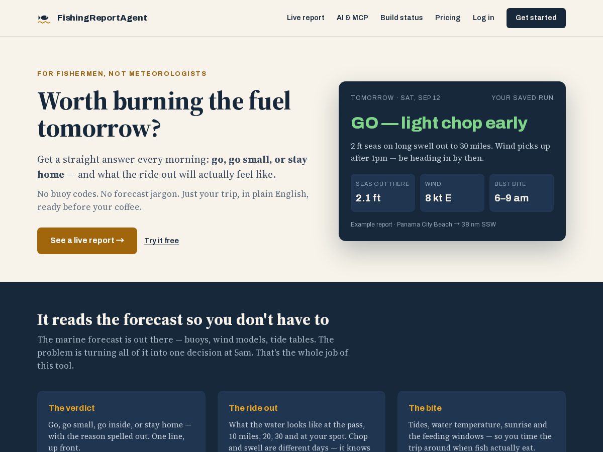 Landing-page snapshot of fishingreportagent.com