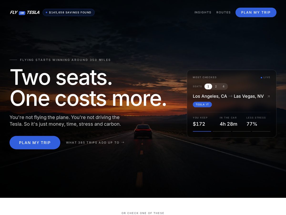 Landing-page snapshot of flyortesla.com