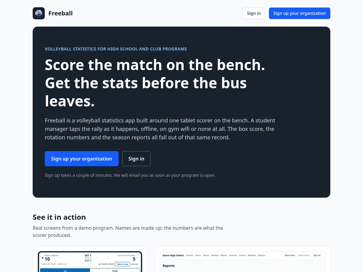 Landing-page snapshot of freeball.app