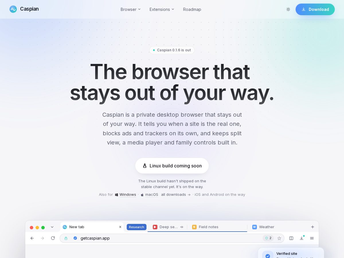 Landing-page snapshot of getcaspian.app