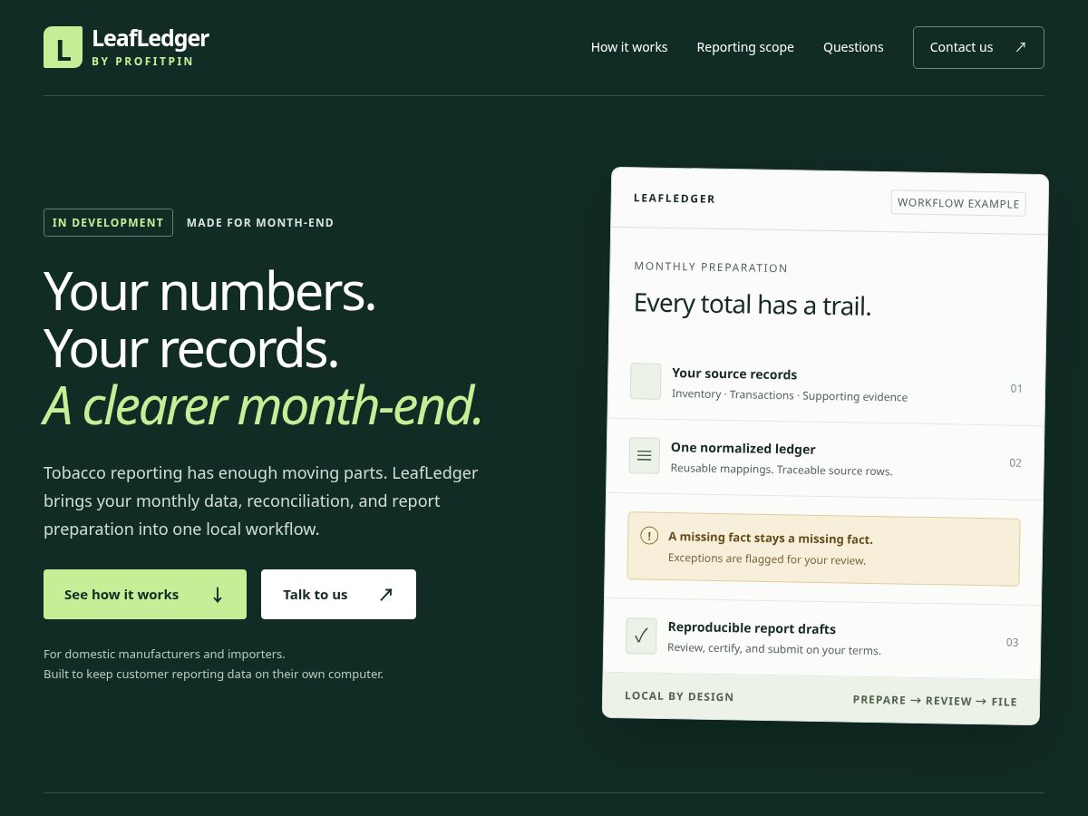 Landing-page snapshot of getleafledger.com