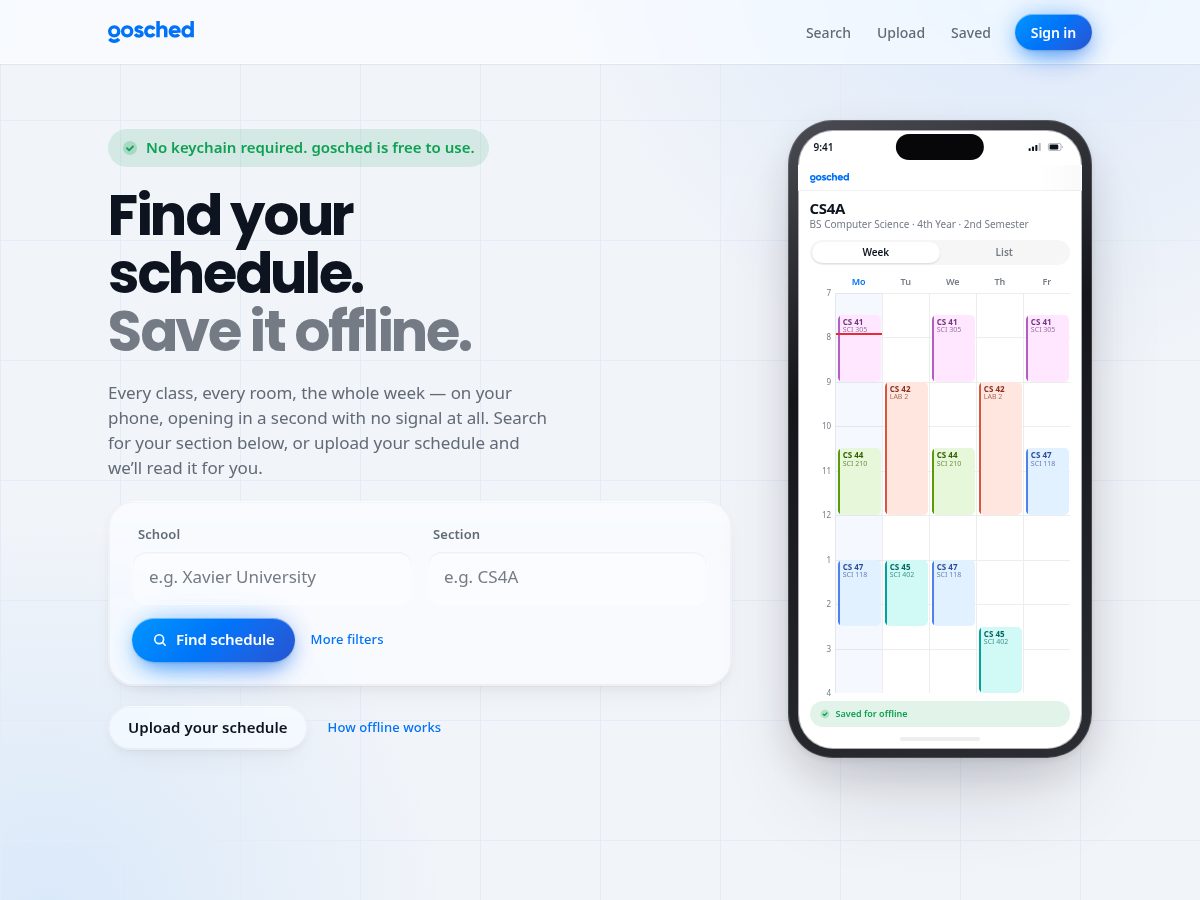 Landing-page snapshot of gosched.app